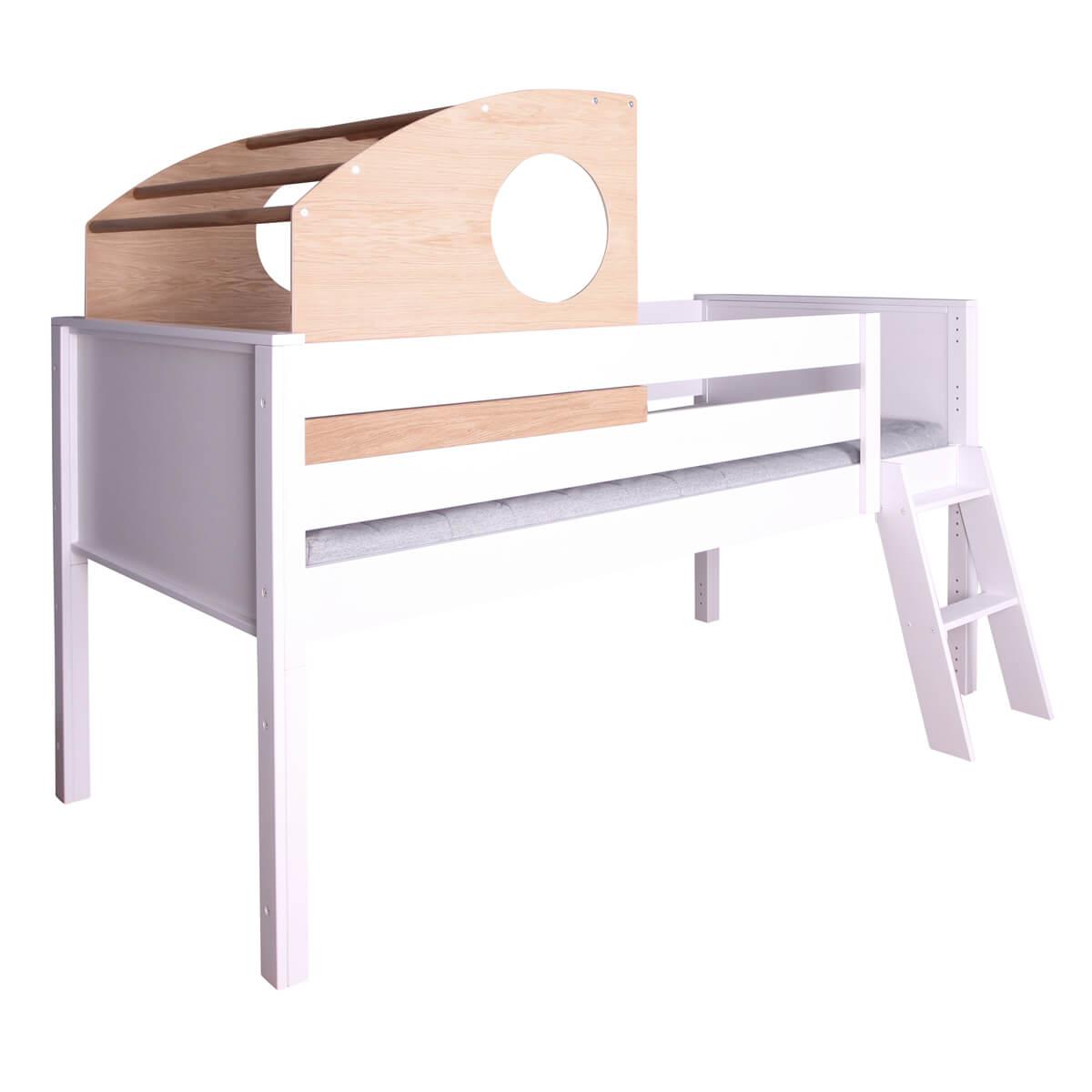 Low play bed cabin half-height KASVA solid beech white lacquered oak veneer oiled