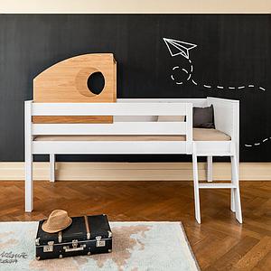 Low play bed cabin half-height KASVA solid beech white lacquered oak veneer oiled