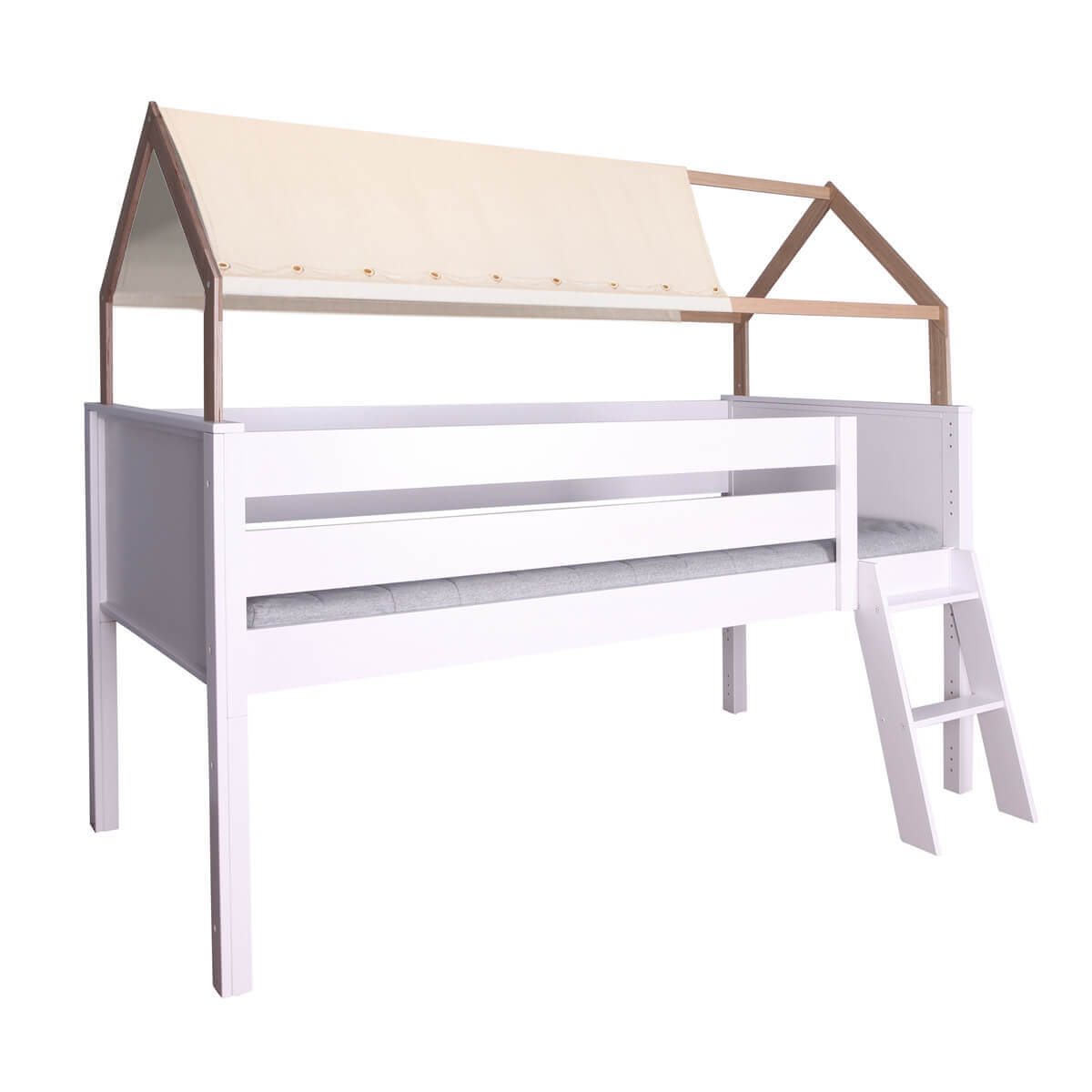 Mid-sleeper bed cabin KASVA beech white lacquered-oak oiled textile roof