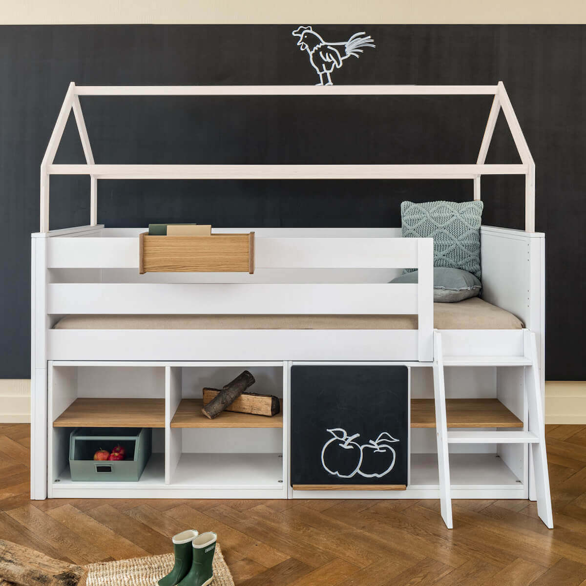 Mid-sleeper bed cabin KASVA beech white lacquered