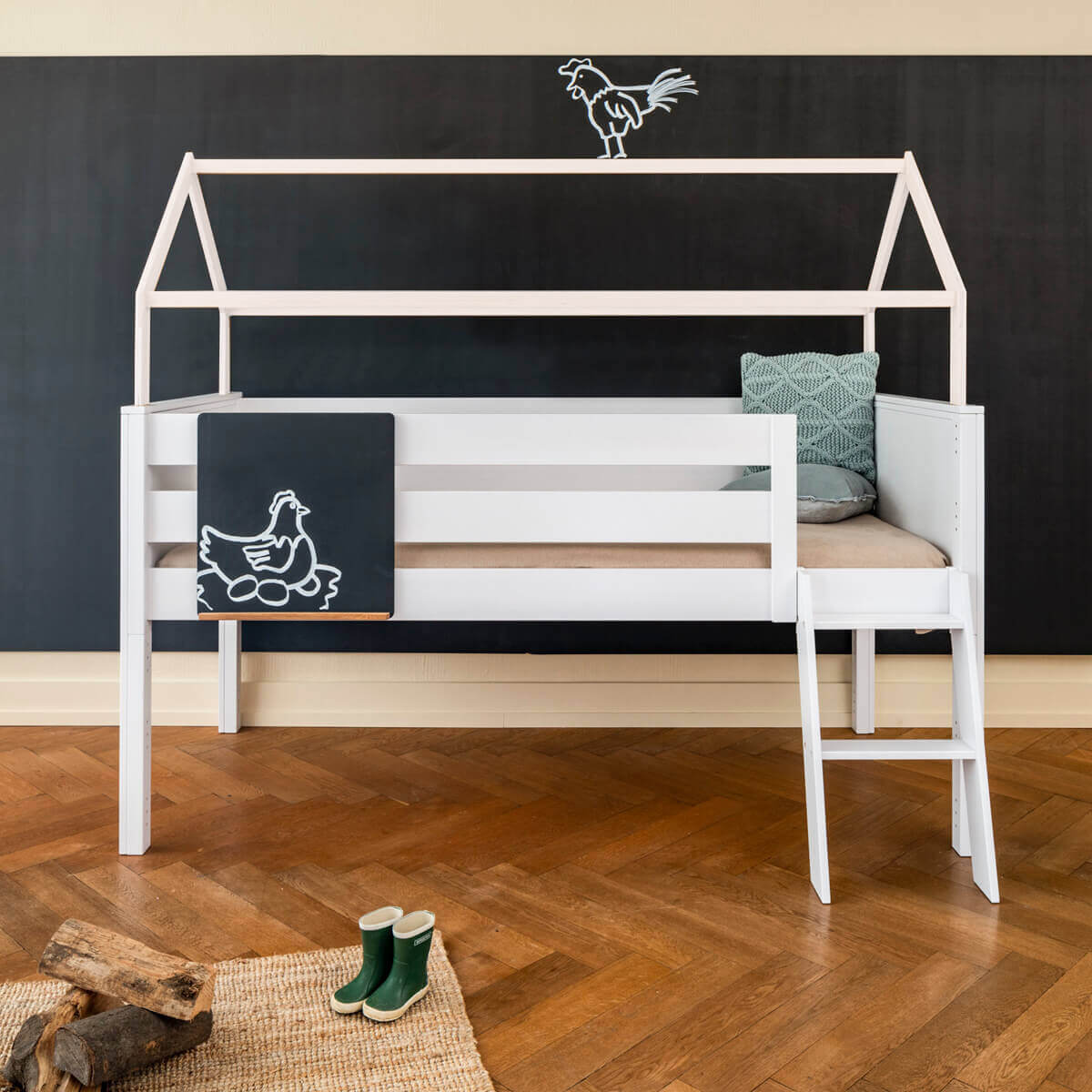 Mid-sleeper bed cabin KASVA beech white lacquered