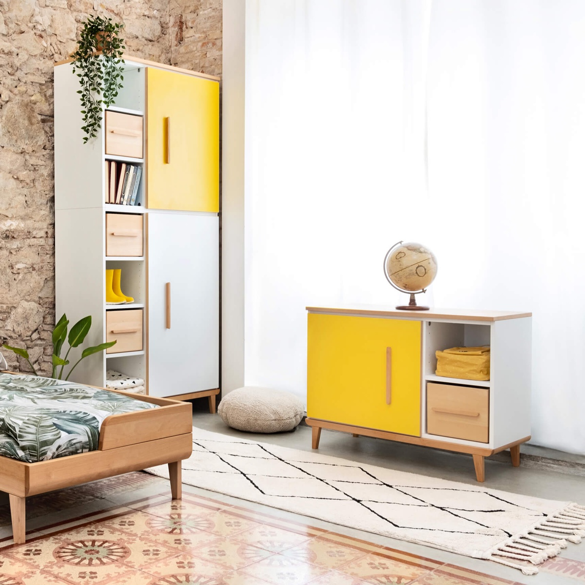 Petit meuble 1 porte 2 niches NADO Retro finition hêtre sunshine yellow