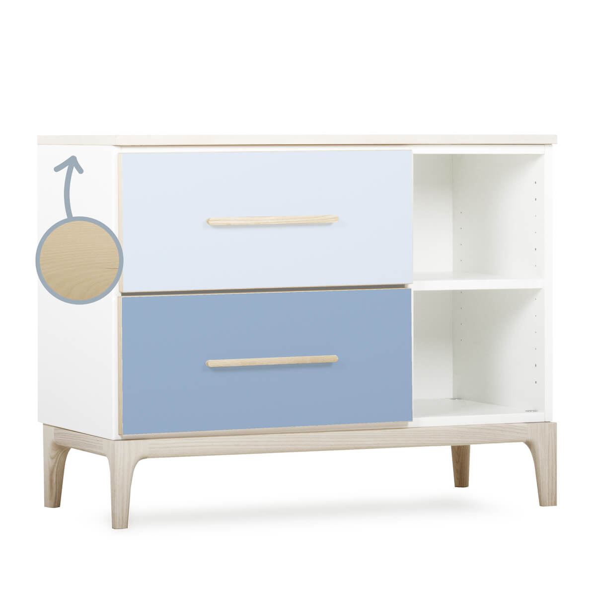 Petit meuble 2 tiroirs 2 niches NADO Curve finition frêne sky blue-capri blue