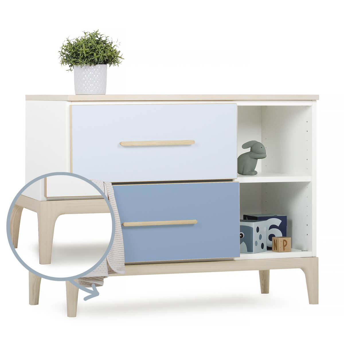 Petit meuble 2 tiroirs 2 niches NADO Curve finition frêne sky blue-capri blue