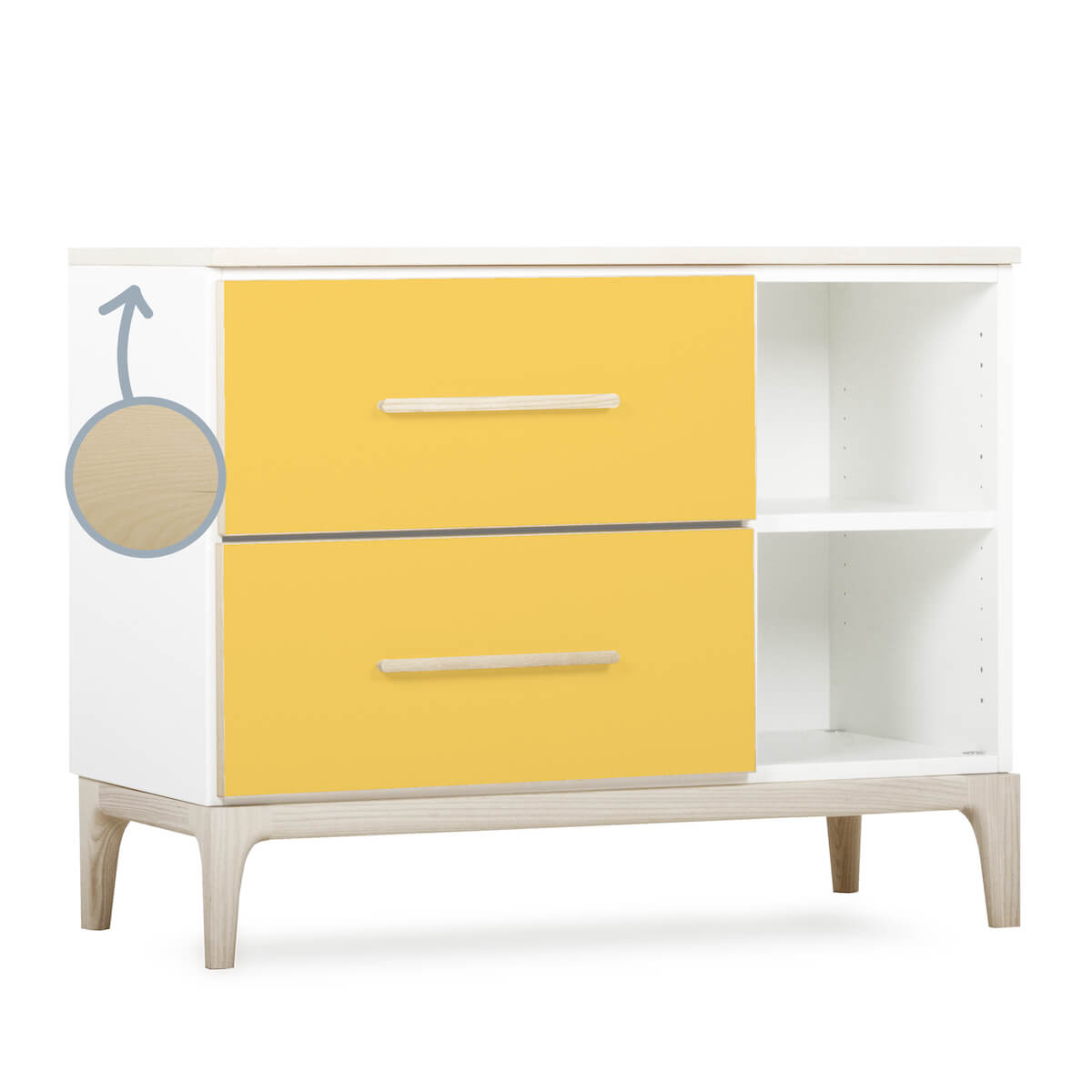 Petit meuble 2 tiroirs 2 niches NADO Curve finition frêne sunshine yellow