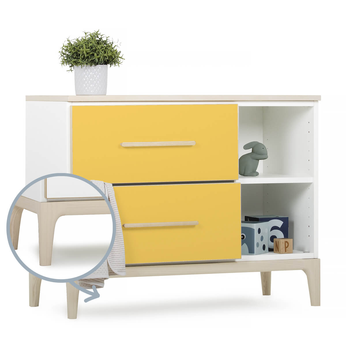 Petit meuble 2 tiroirs 2 niches NADO Curve finition frêne sunshine yellow
