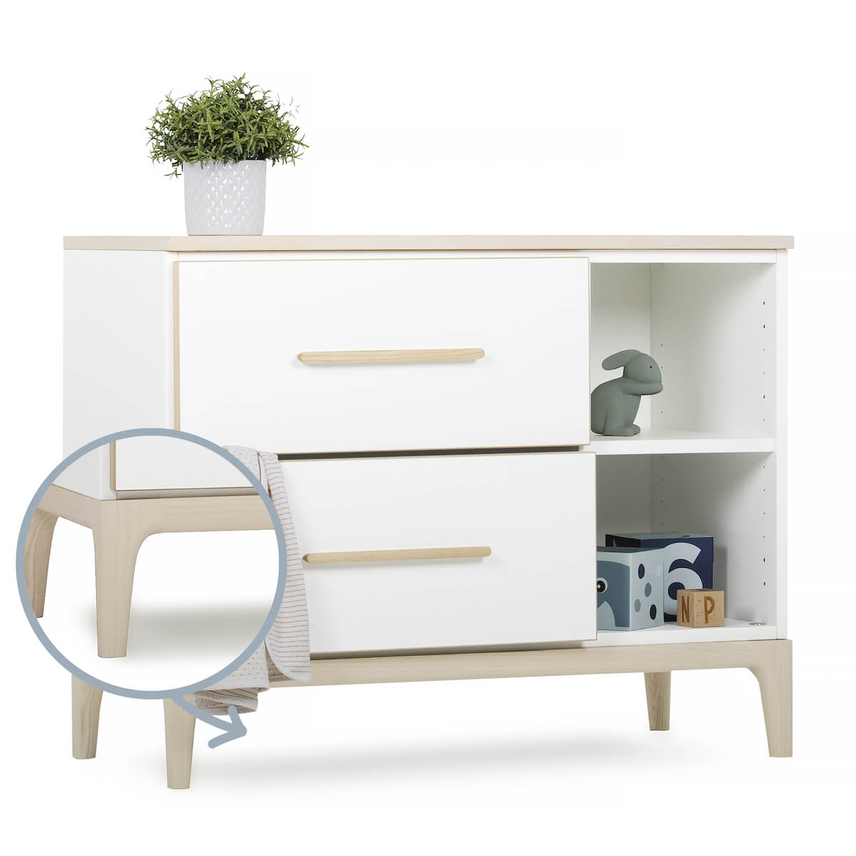 Petit meuble 2 tiroirs 2 niches NADO Curve finition frêne white