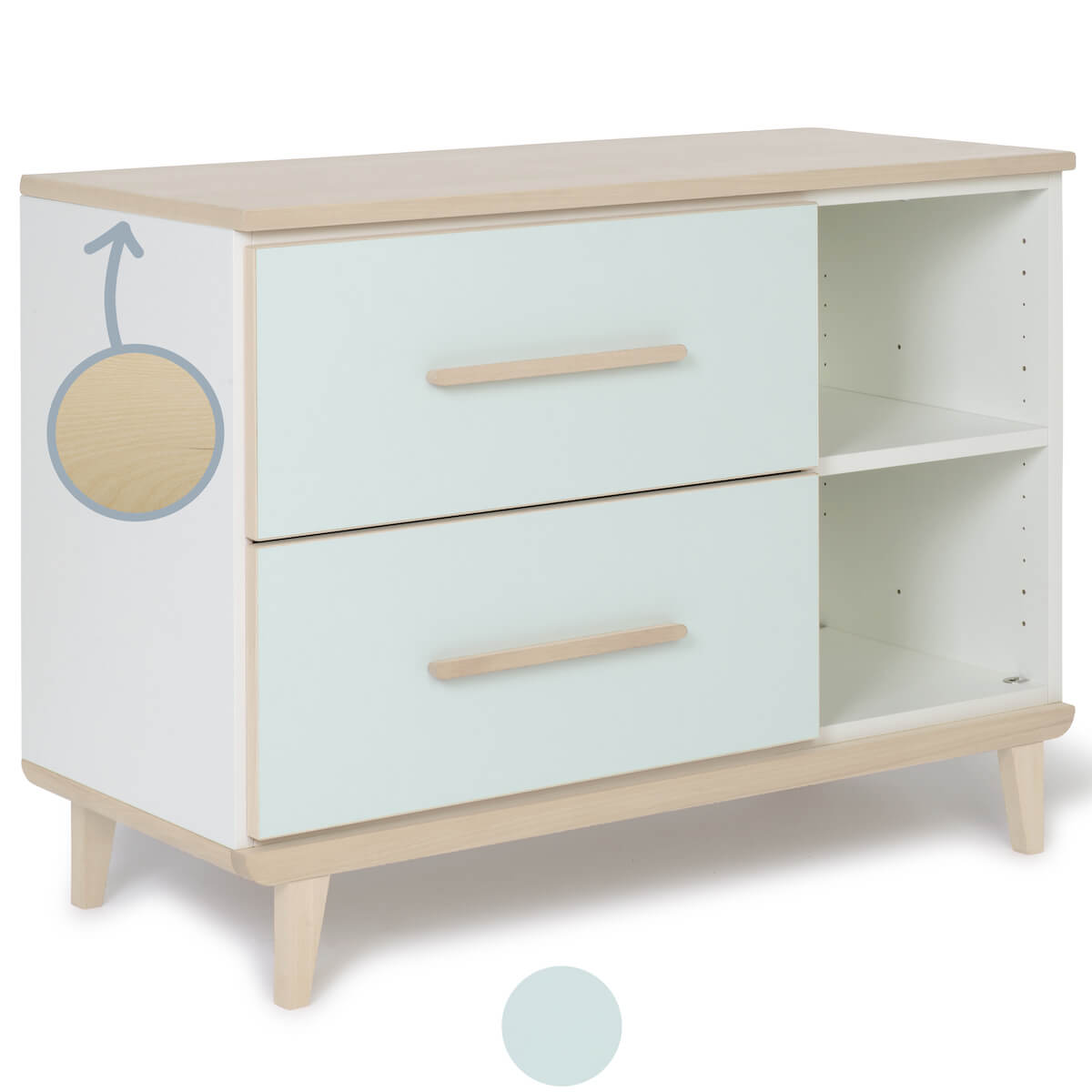 Petit meuble 2 tiroirs 2 niches NADO Retro finition frêne mint