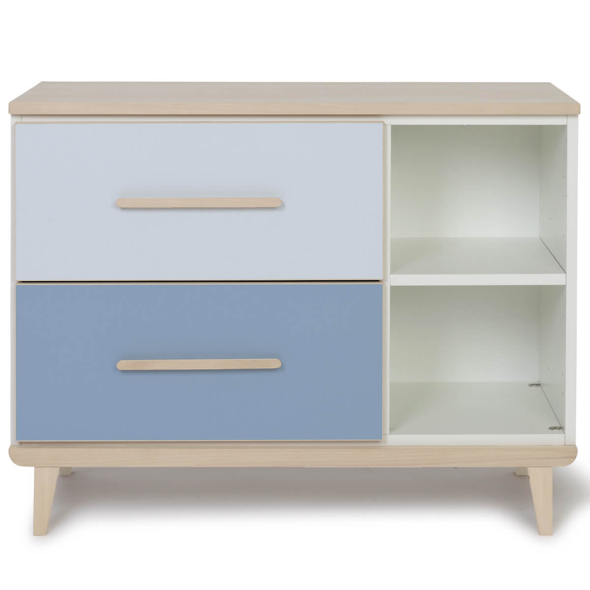 Petit meuble 2 tiroirs 2 niches NADO Retro finition frêne sky blue-capri blue