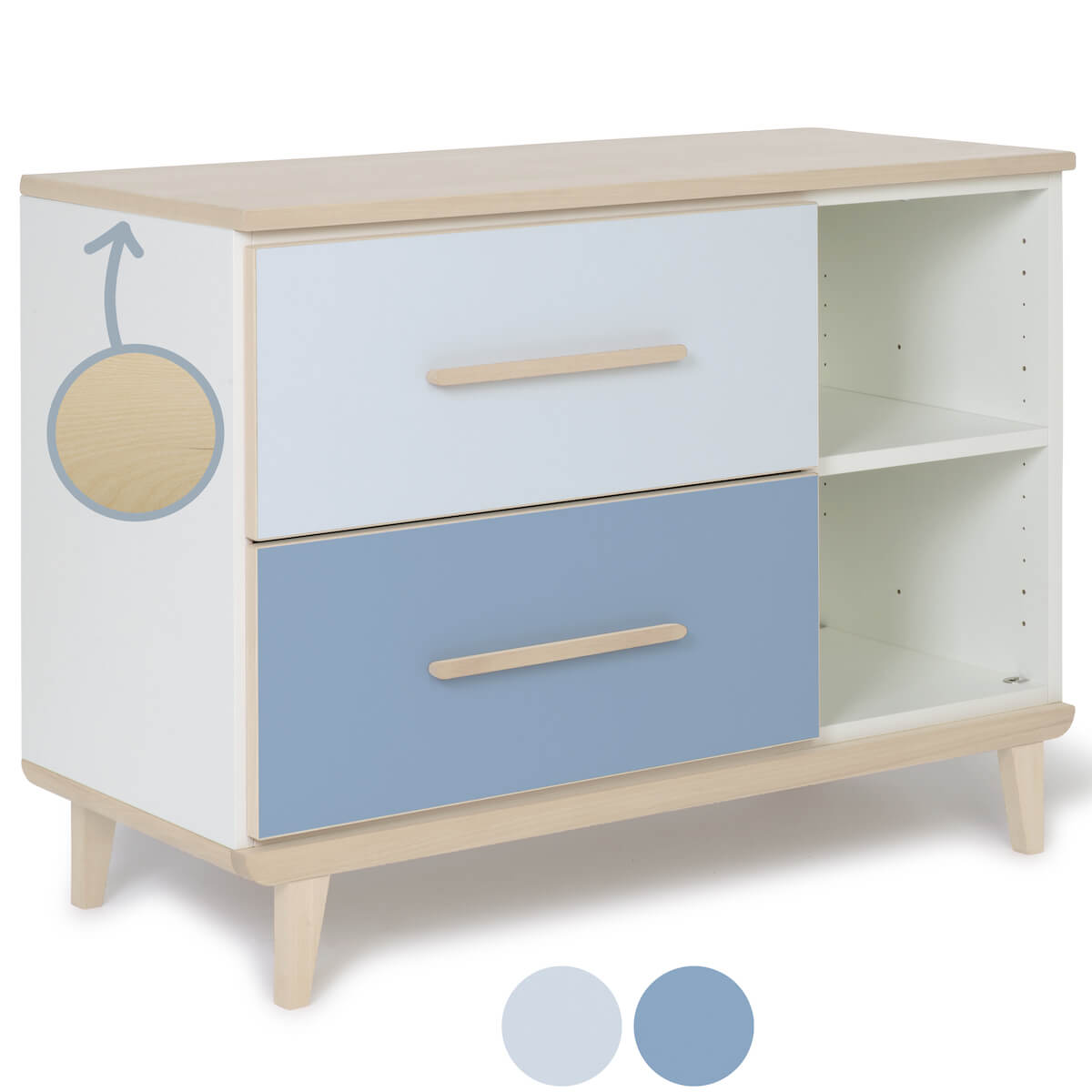 Petit meuble 2 tiroirs 2 niches NADO Retro finition frêne sky blue-capri blue