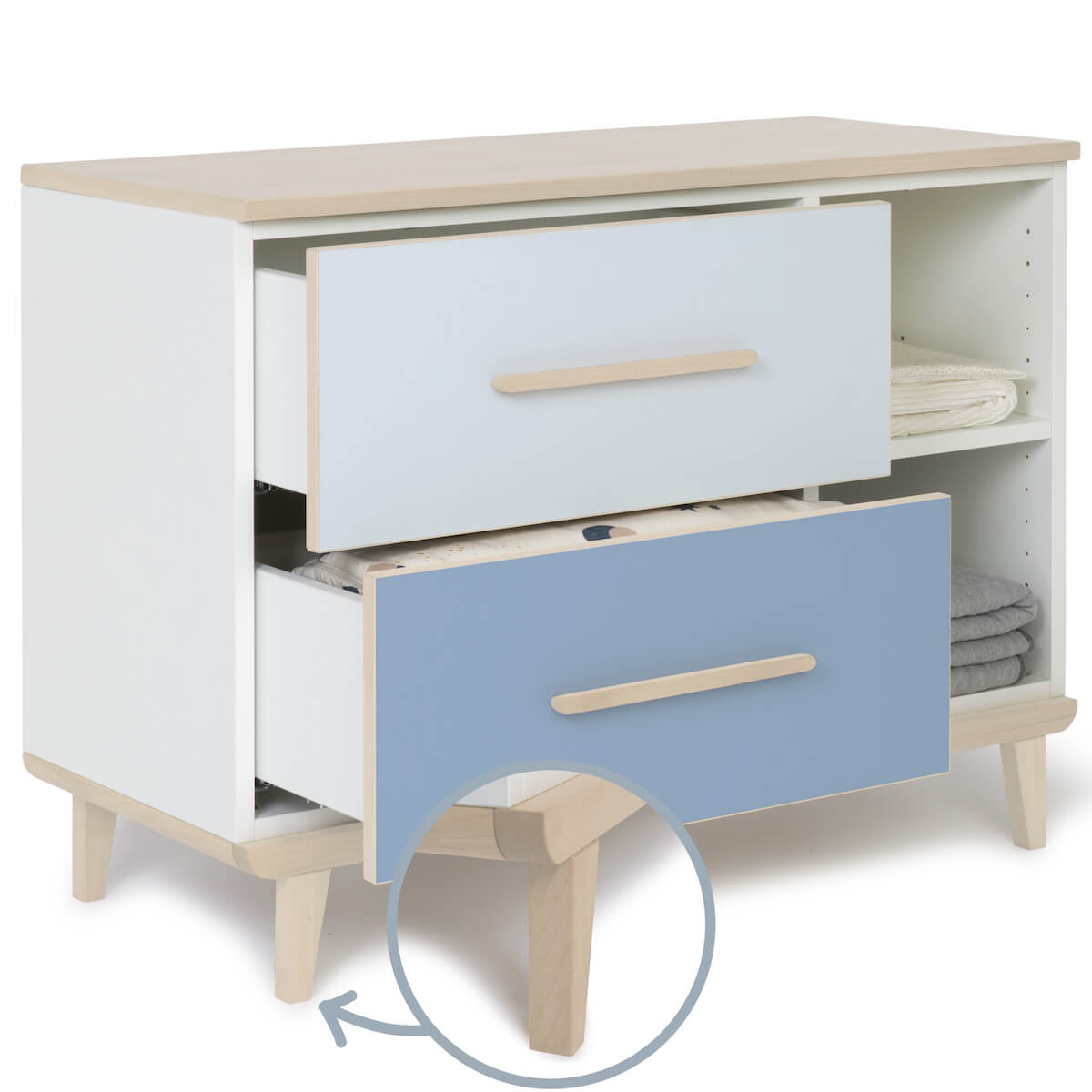 Petit meuble 2 tiroirs 2 niches NADO Retro finition frêne sky blue-capri blue