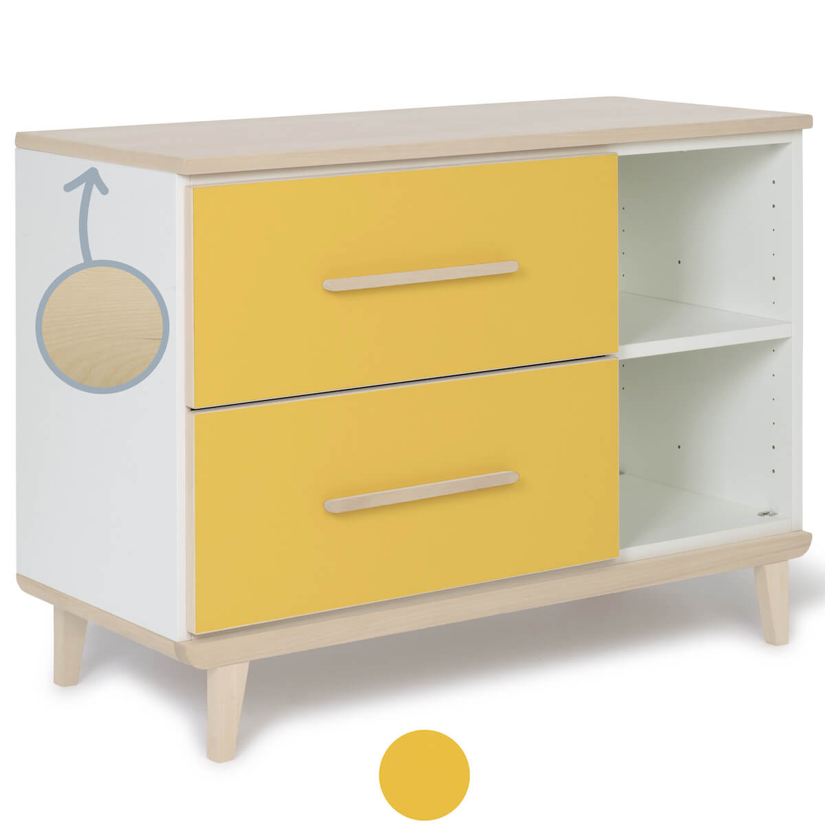 Petit meuble 2 tiroirs 2 niches NADO Retro finition frêne sunshine yellow