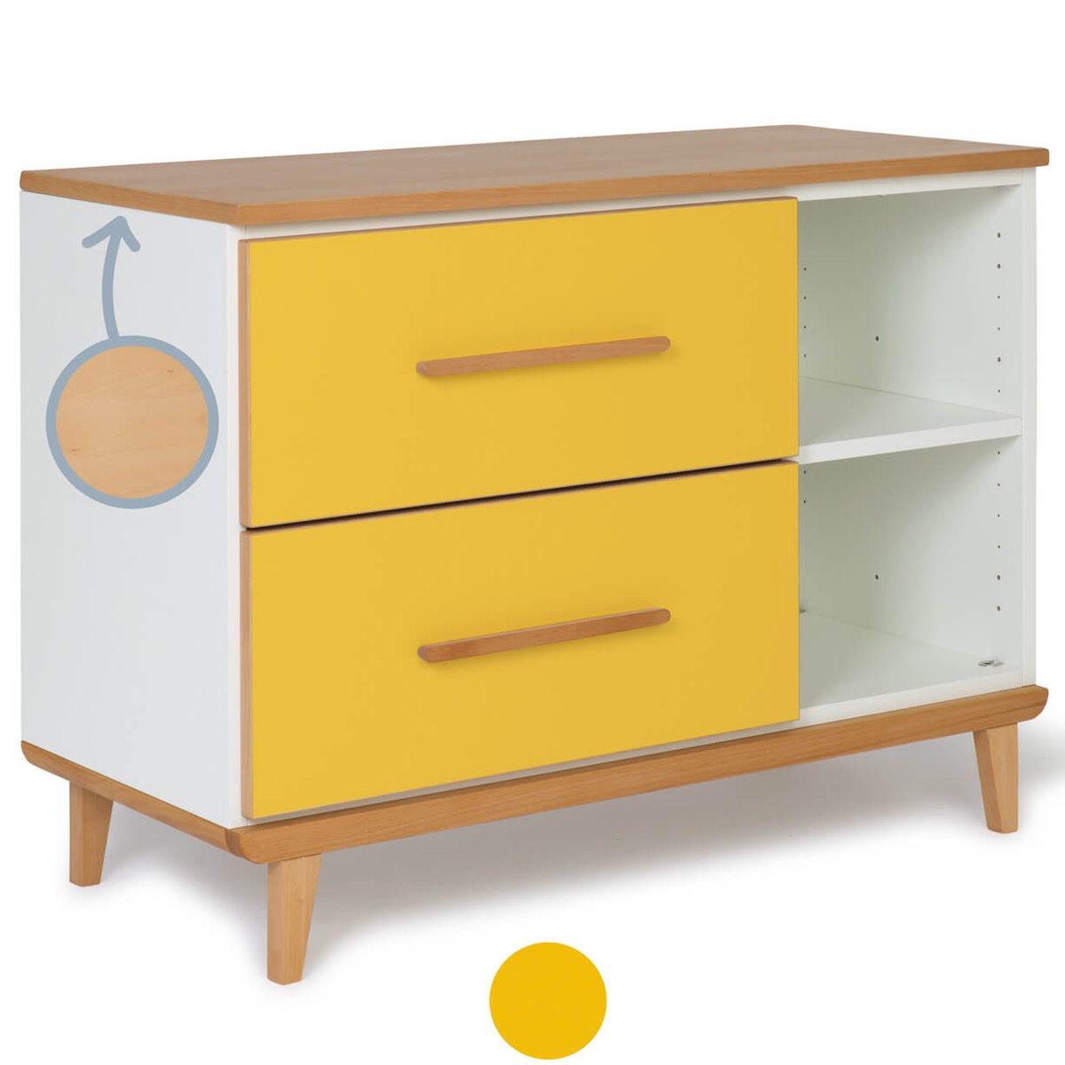 Petit meuble 2 tiroirs 2 niches NADO Retro finition hêtre sunshine yellow