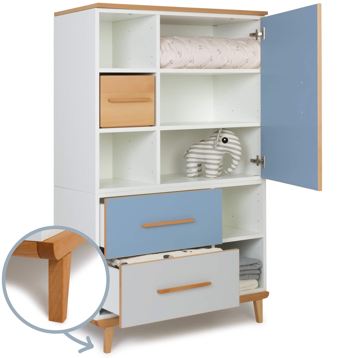 Wardrobe 147 cm 1 door 2 drawers NADO Retro beech capri blue-manhattan grey
