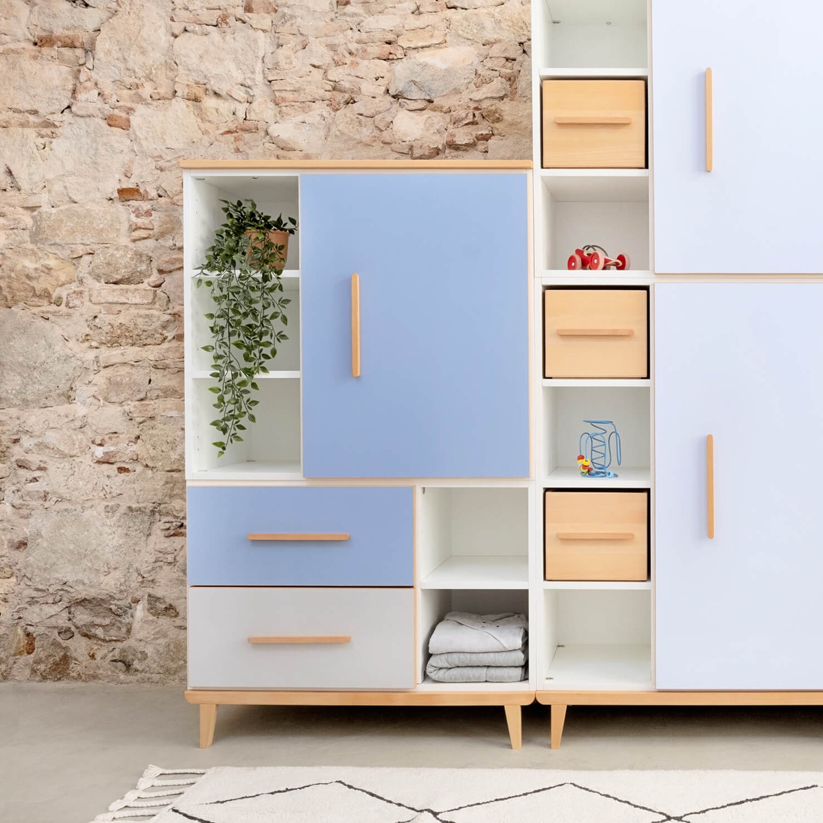 Wardrobe 147 cm 1 door 2 drawers NADO Retro beech capri blue-manhattan grey