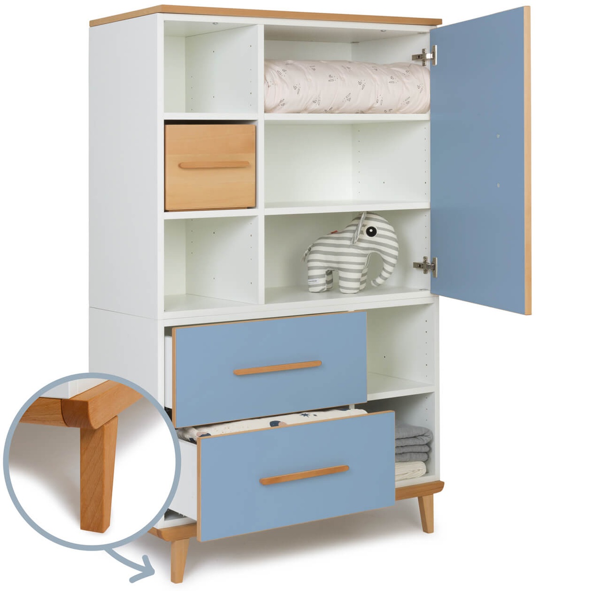 Wardrobe 147 cm 1 door 2 drawers NADO Retro beech capri blue