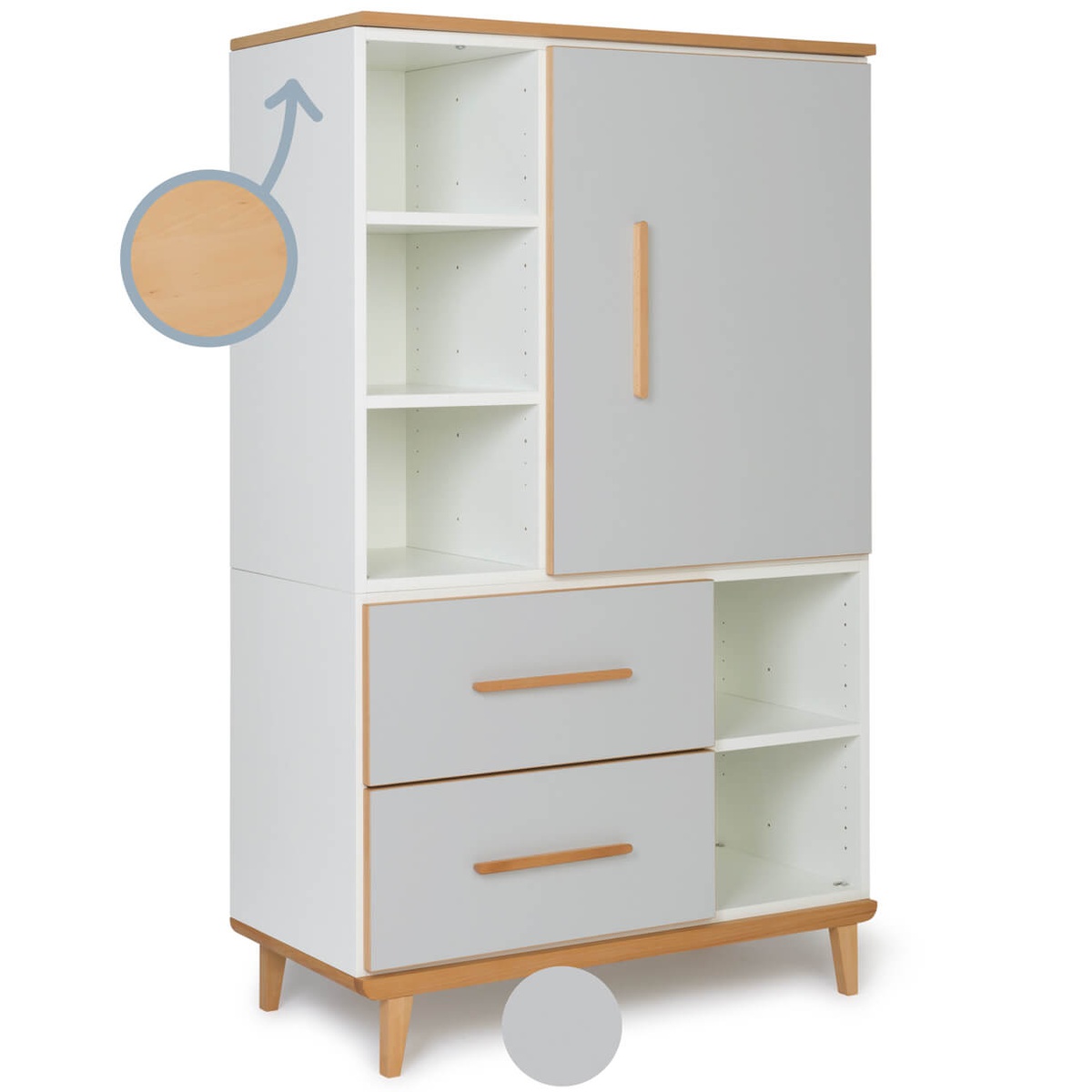 Wardrobe 147 cm 1 door 2 drawers NADO Retro beech manhattan grey