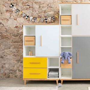 Wardrobe 147 cm 1 door 2 drawers NADO Retro beech mint-sunshine yellow