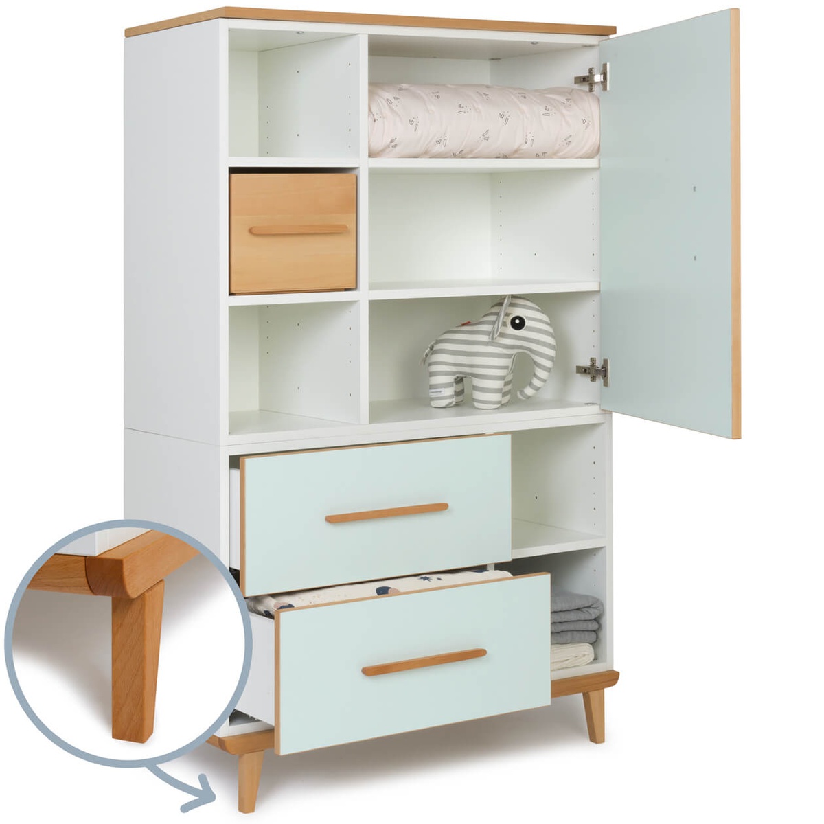 Wardrobe 147 cm 1 door 2 drawers NADO Retro beech mint