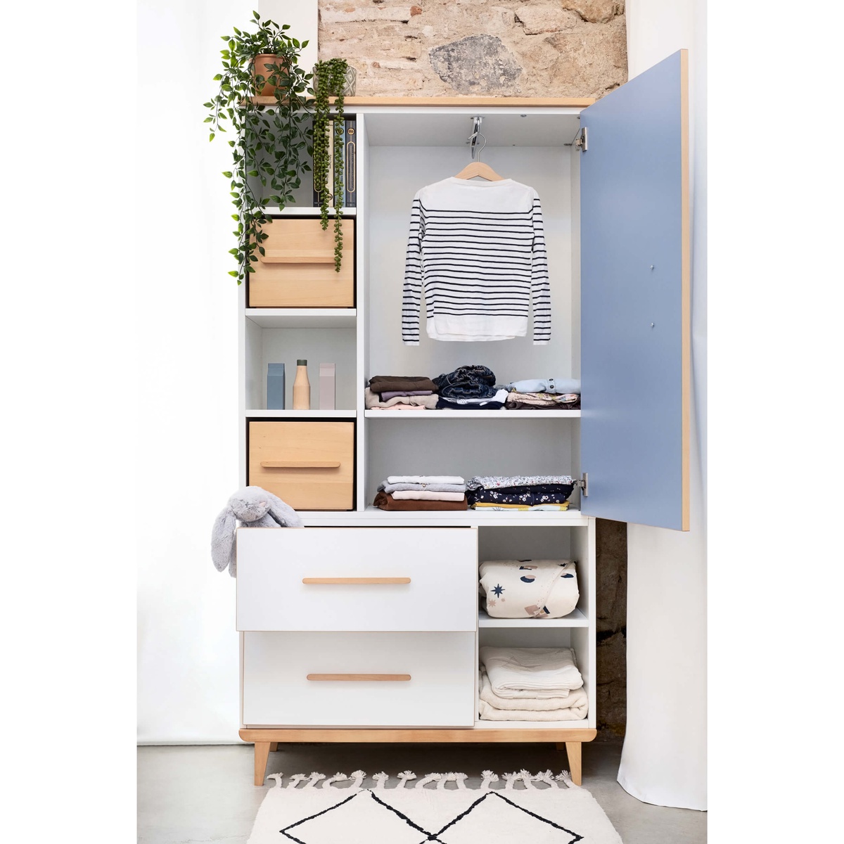 Wardrobe 173 cm 1 door 2 drawers NADO Retro capri blue-white