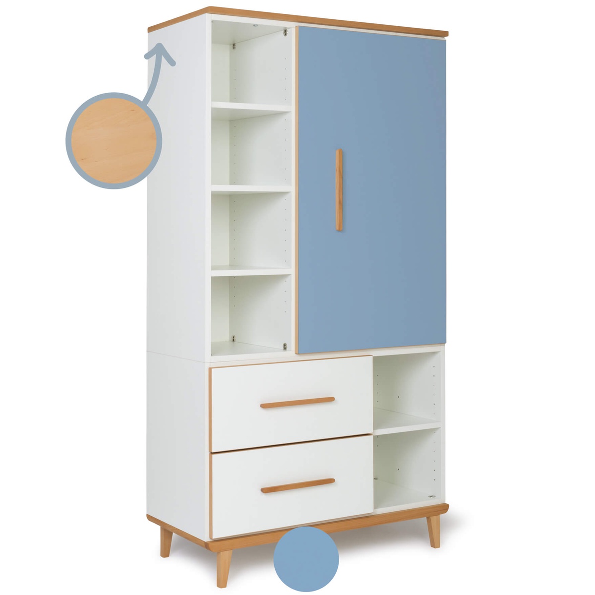 Wardrobe 173 cm 1 door 2 drawers NADO Retro capri blue-white
