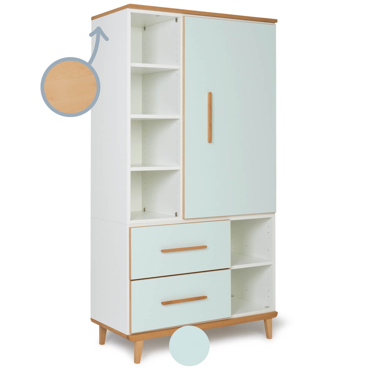 Wardrobe 173 cm 1 door 2 drawers NADO Retro mint