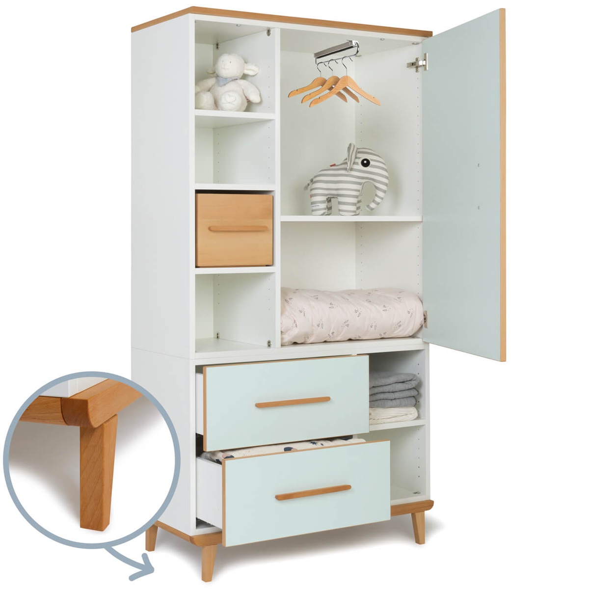 Wardrobe 173 cm 1 door 2 drawers NADO Retro mint