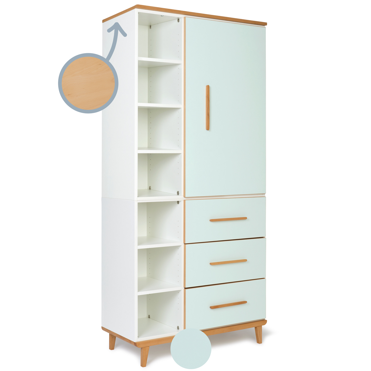 Wardrobe 198 cm 1 door 3 drawers NADO Retro beech mint