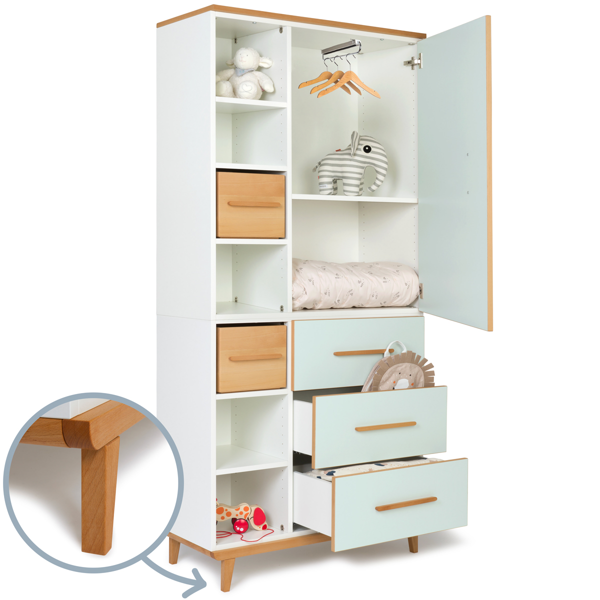 Wardrobe 198 cm 1 door 3 drawers NADO Retro beech mint
