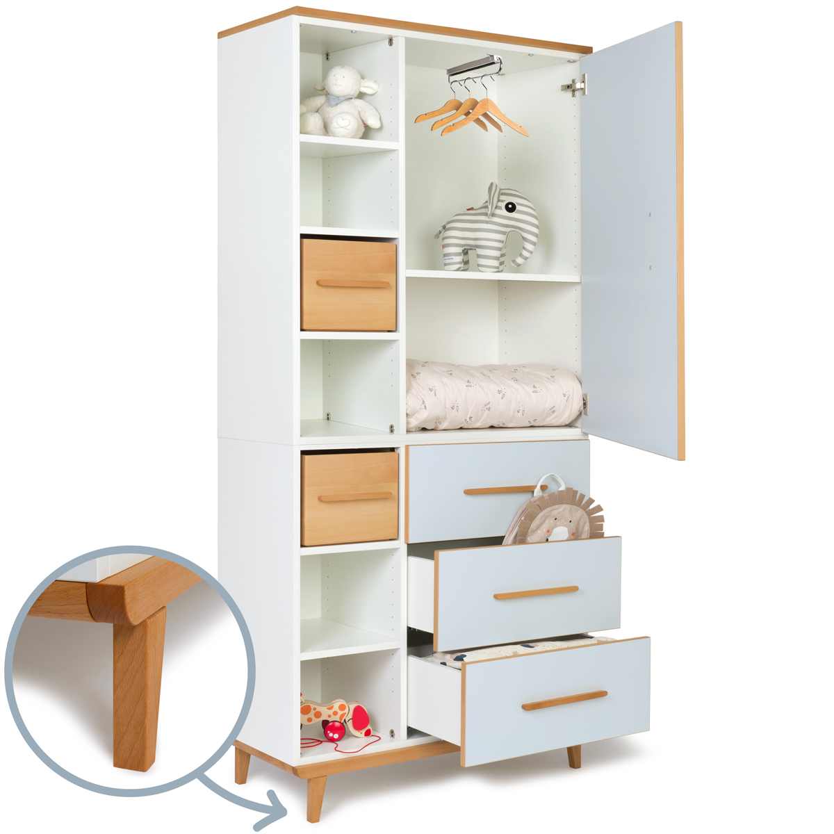 Wardrobe 198 cm 1 door 3 drawers NADO Retro beech sky blue