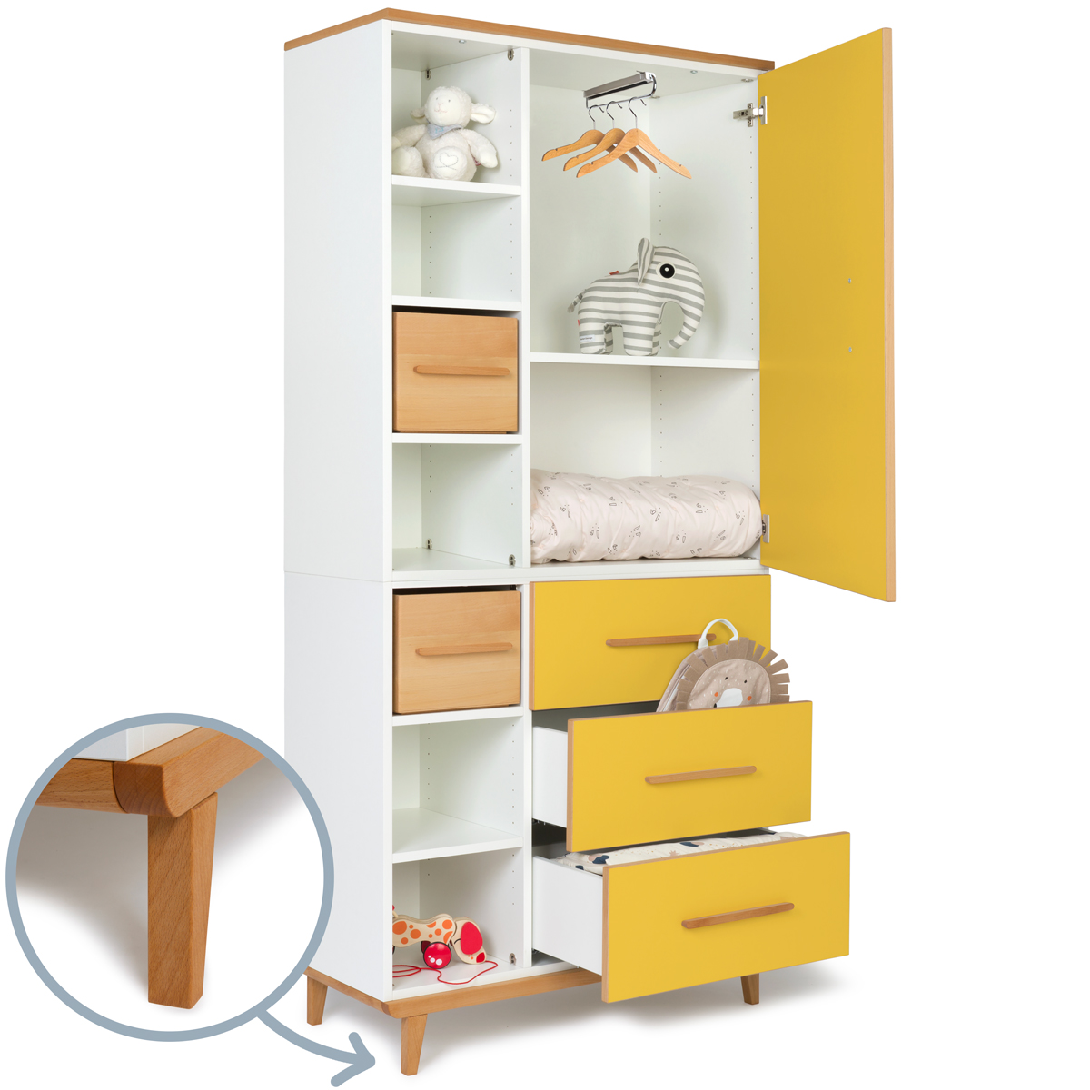 Wardrobe 198 cm 1 door 3 drawers NADO Retro beech sunshine yellow