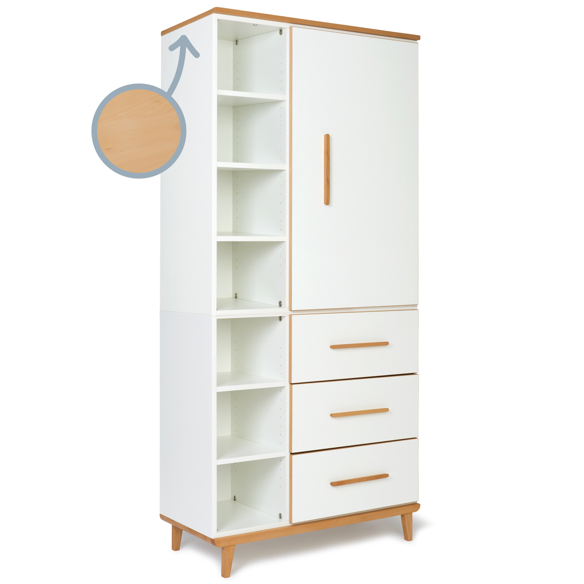Wardrobe 198 cm 1 door 3 drawers NADO Retro beech white