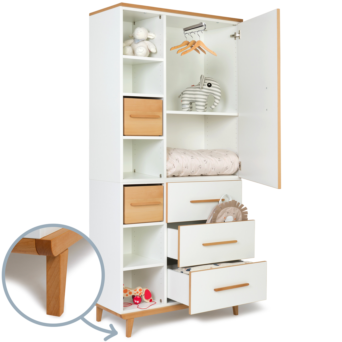 Wardrobe 198 cm 1 door 3 drawers NADO Retro beech white